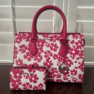 Michael Kors Set! Sheila MediumFloral Satchel & Wallet in Dragonfruit Hot Pink